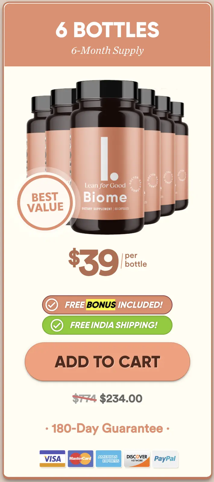 LeanBiome 6 bottles, 6-month supply, best value $39 per bottle with free bonus